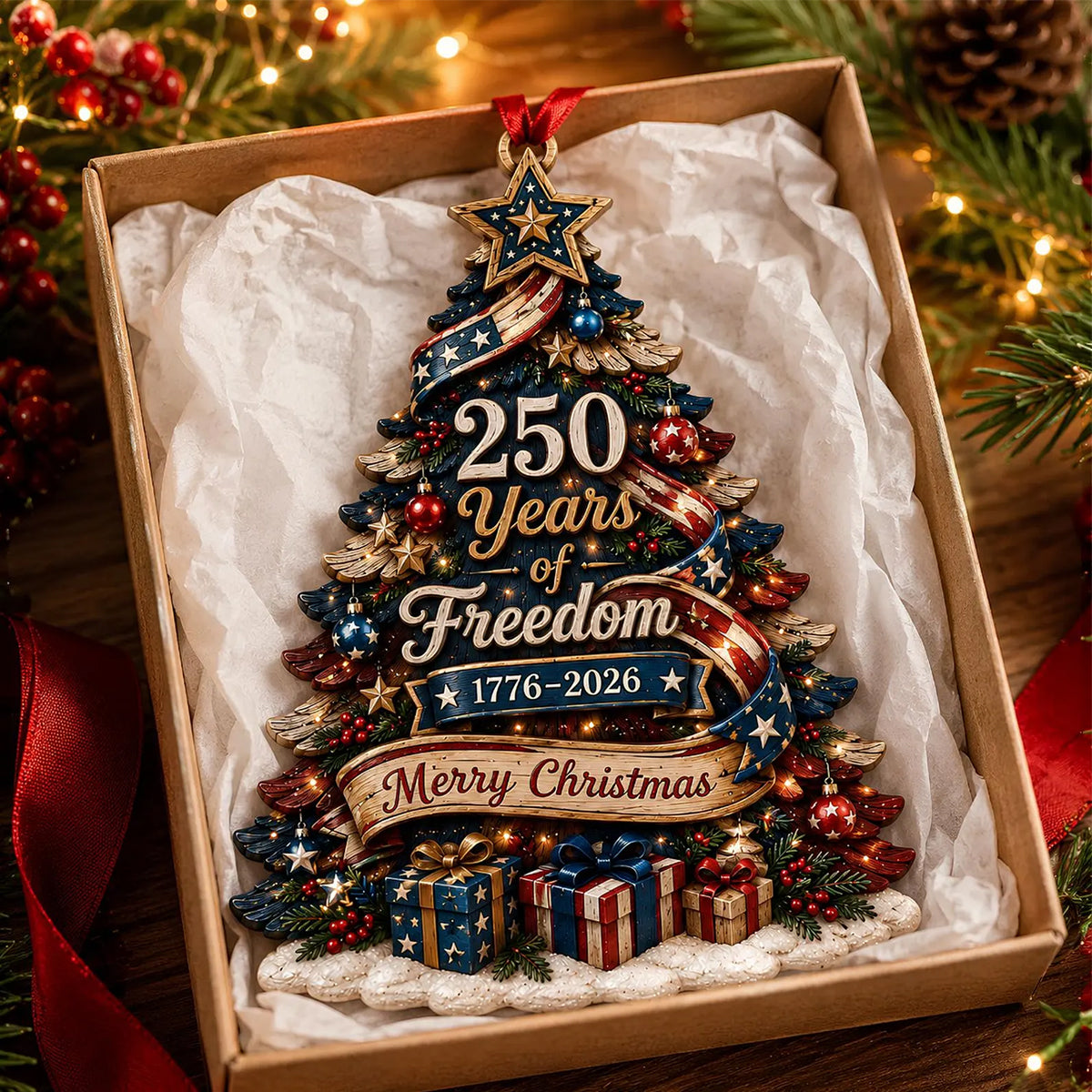 Personalized 250th Anniversary Christmas Tree Wood Ornament