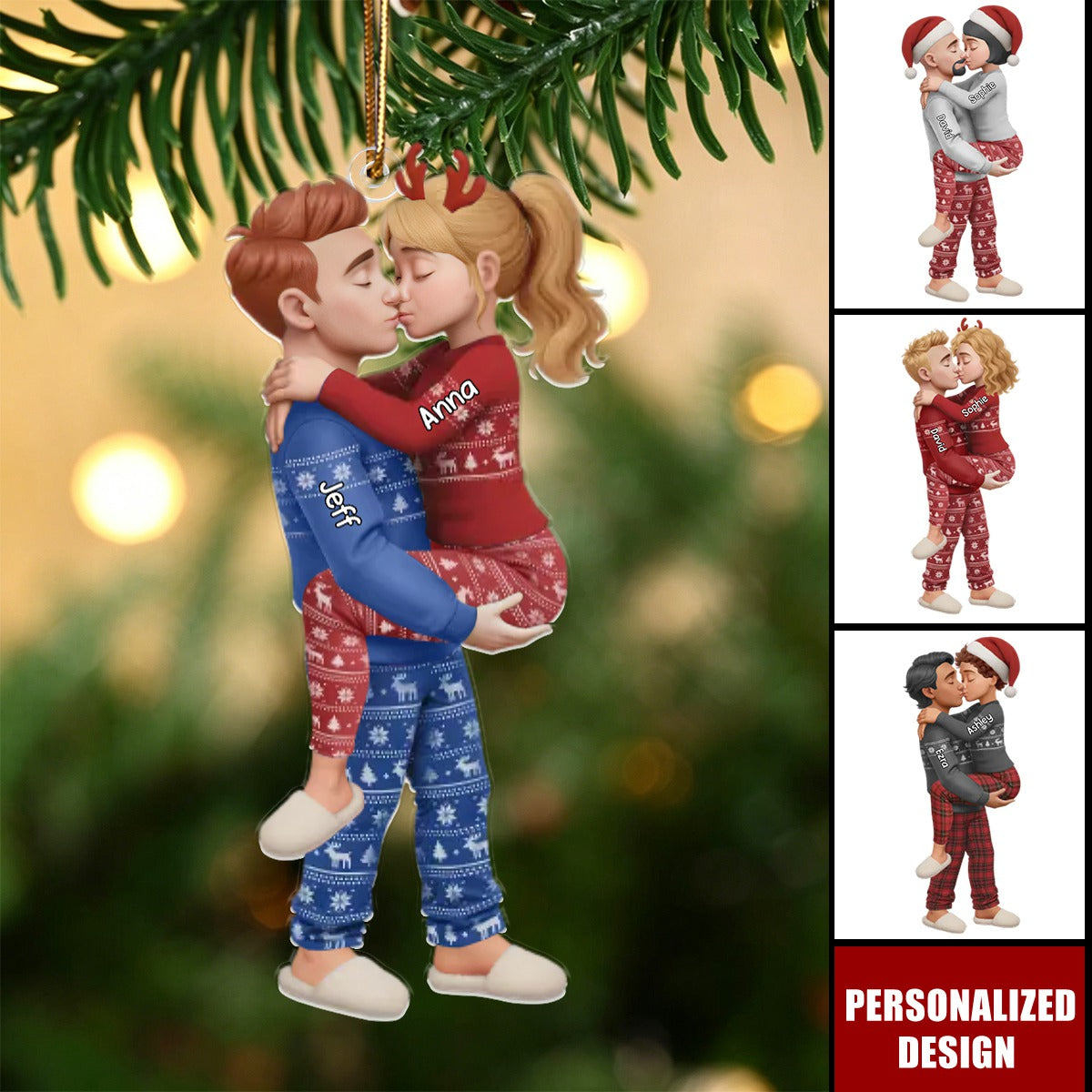 Personalized Pajama Couple Kissing Acrylic Ornament, Christmas For Couple