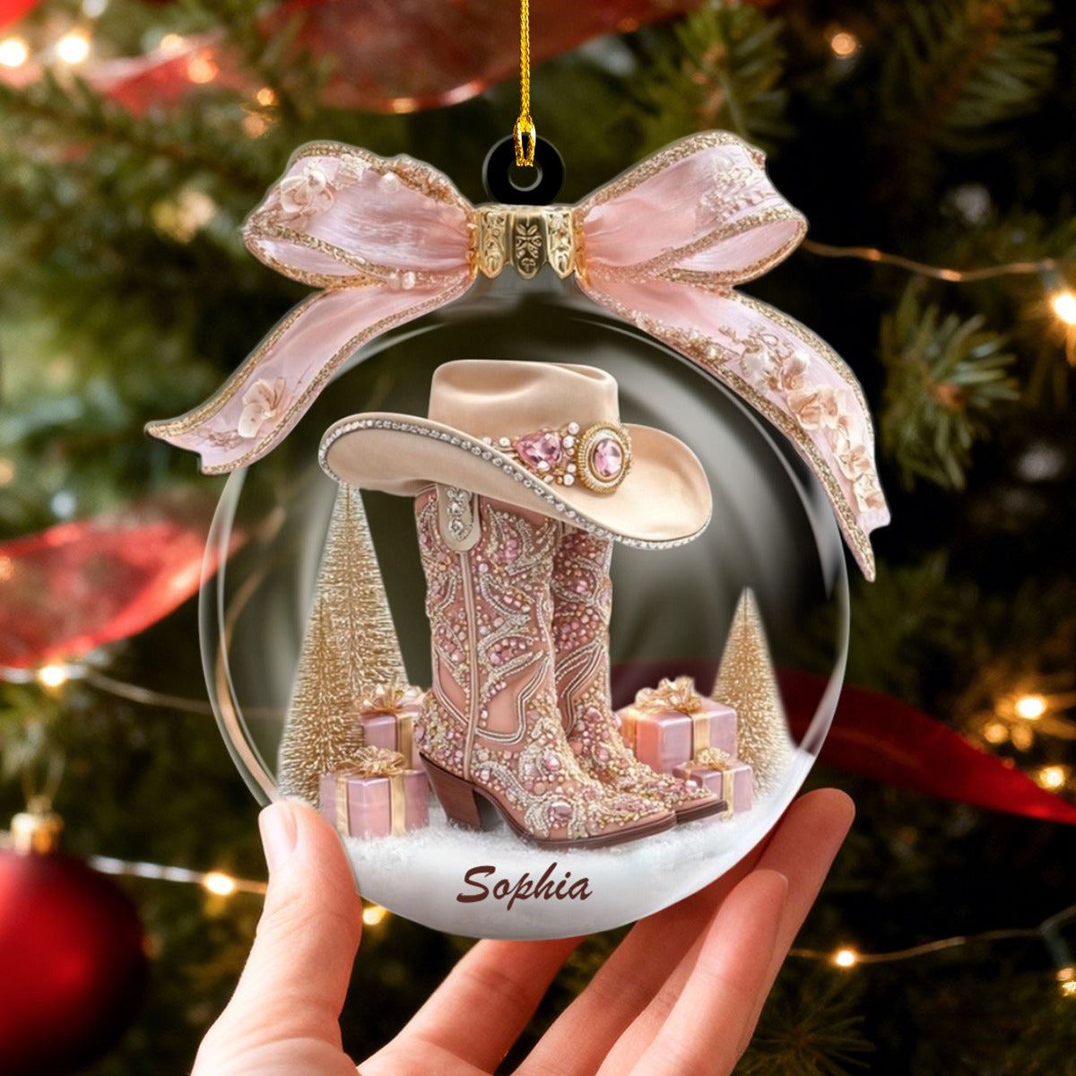 Personalized Cowgirl Boots and Hat Acrylic Ornament, Western Gifts For Christmas