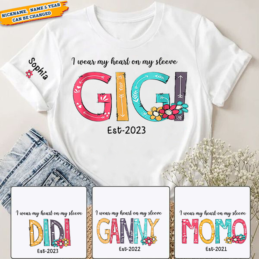 Personalized I wear my heart on my sleeve nana est and grandkids T-shirt