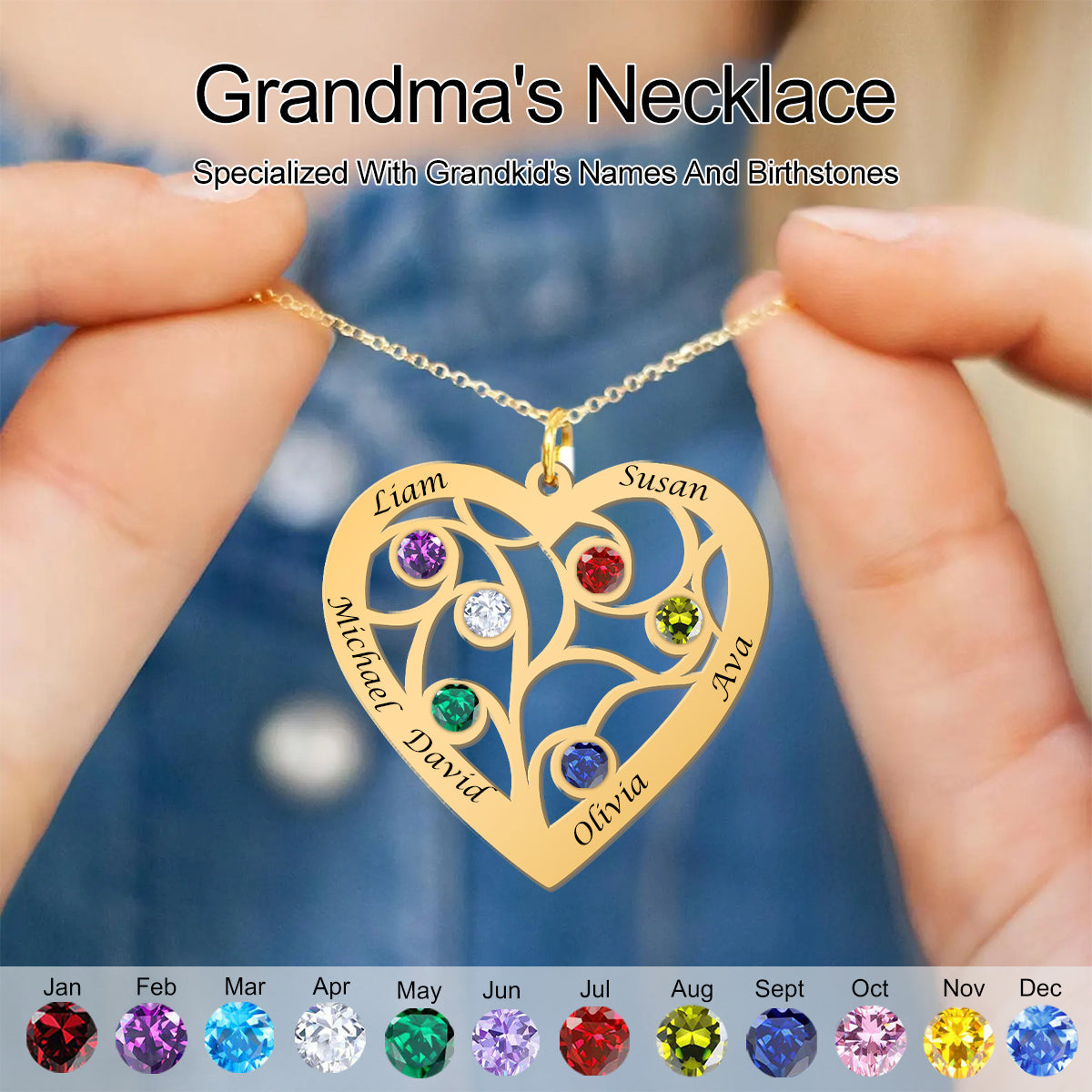 Personalized Heart Family Tree Birthstone Necklace With Name, Mother's Day Gift