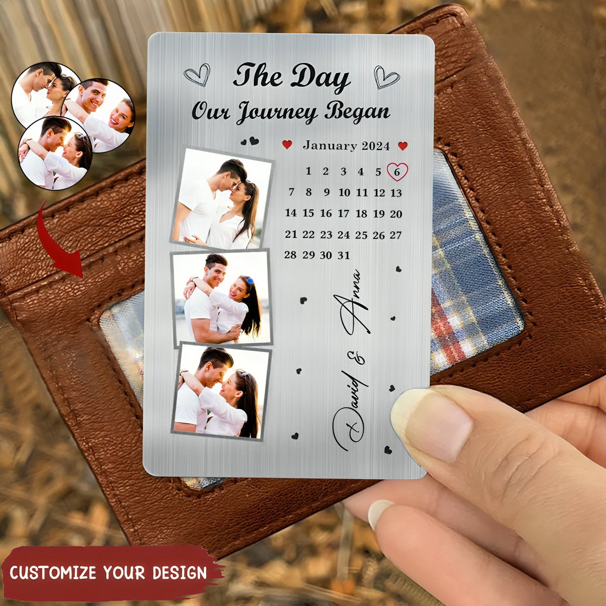 The Day Our Journey Began - Gift For Couples Custom Photo Calendar Personalized Aluminum Wallet Card