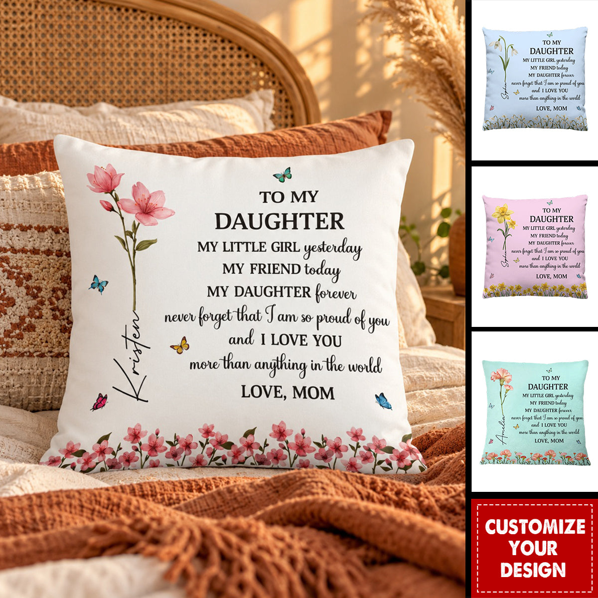Birth Flower My Daughter Forever - Personalized Custom Pillow - Gift For Daughter, Granddaughter