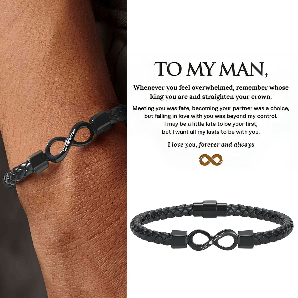 To My Man,Personalized Dual Name Infinity Leather Bracelet