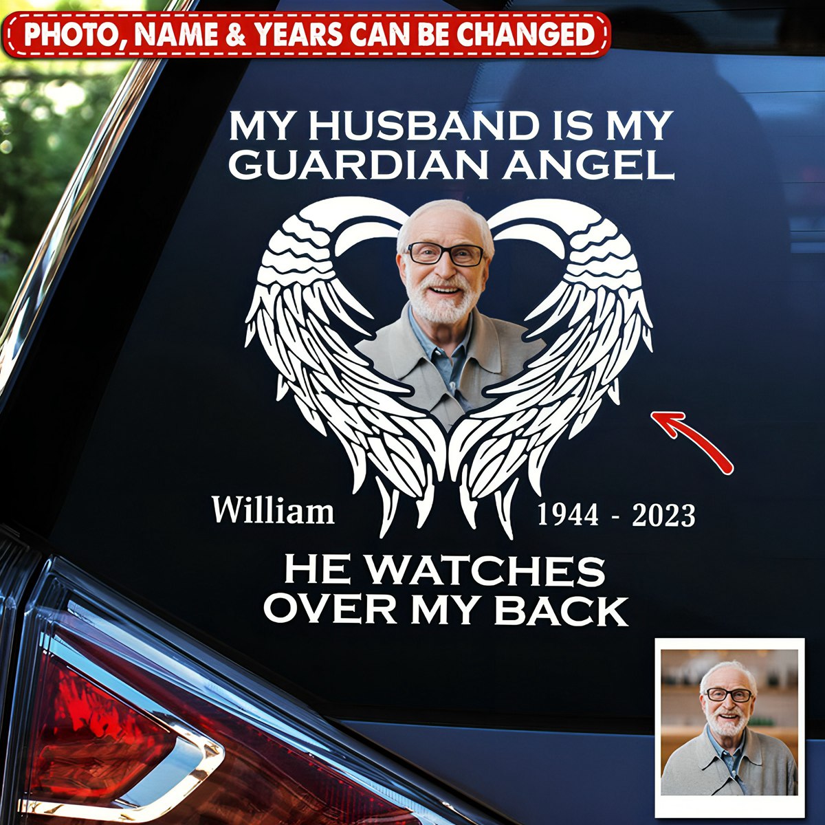 Memorial Upload Photo Heart Wings, My Guardian Angel Personalized Sticker Decal