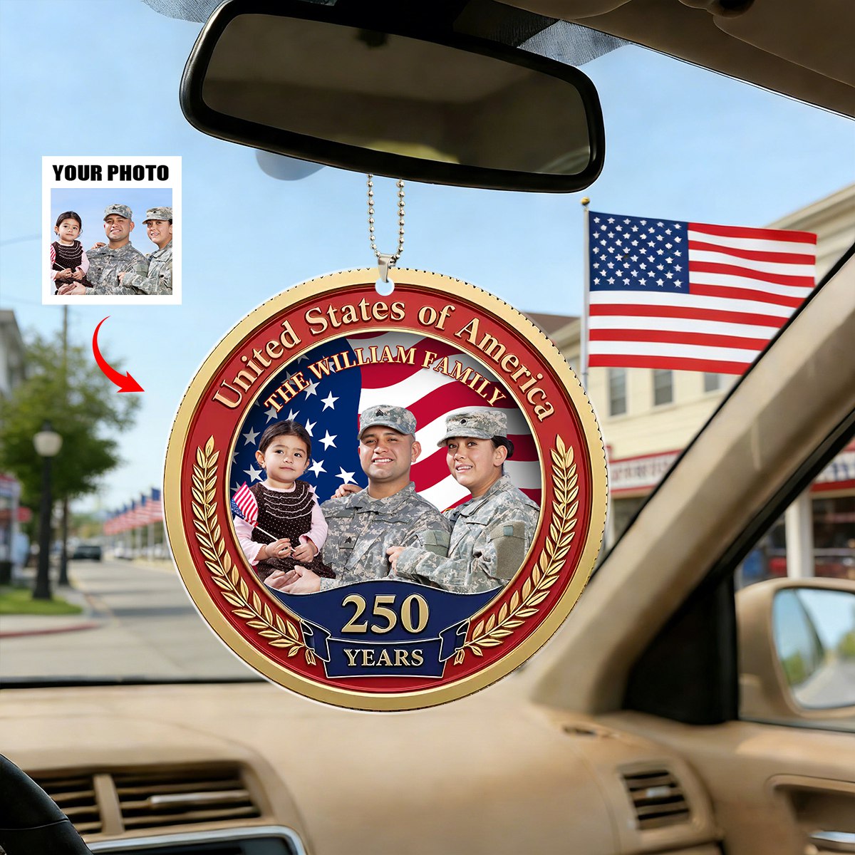 USA 250th Anniversary Car Hanger-Upload Photo