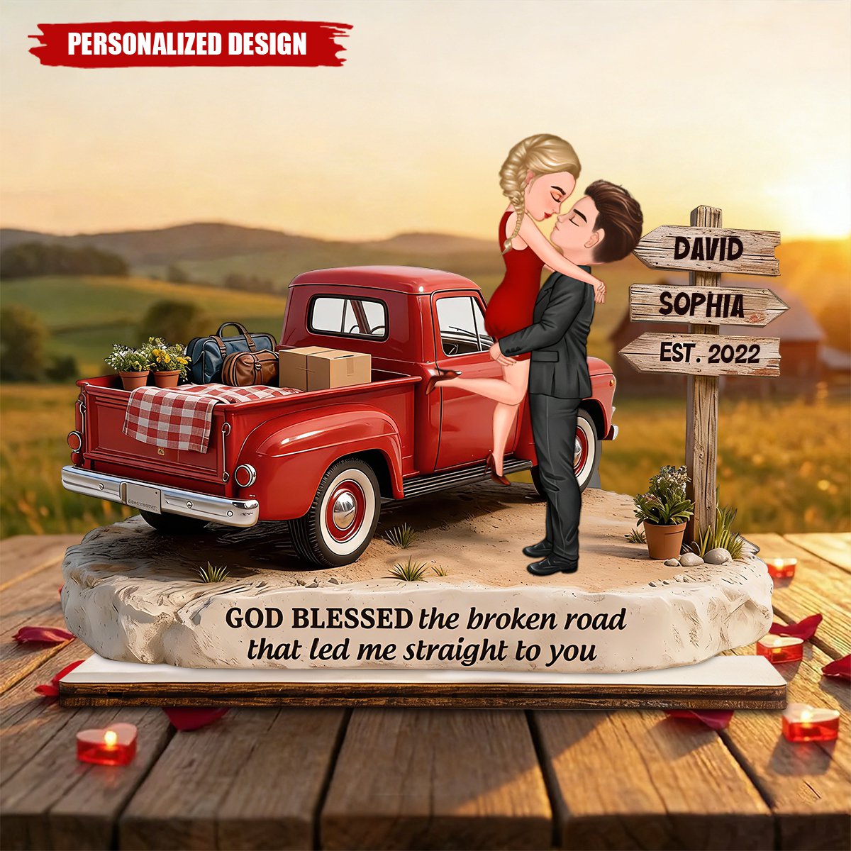 Romantic Couple Pickup Truck Sign Post - Personalized Wooden Plaque