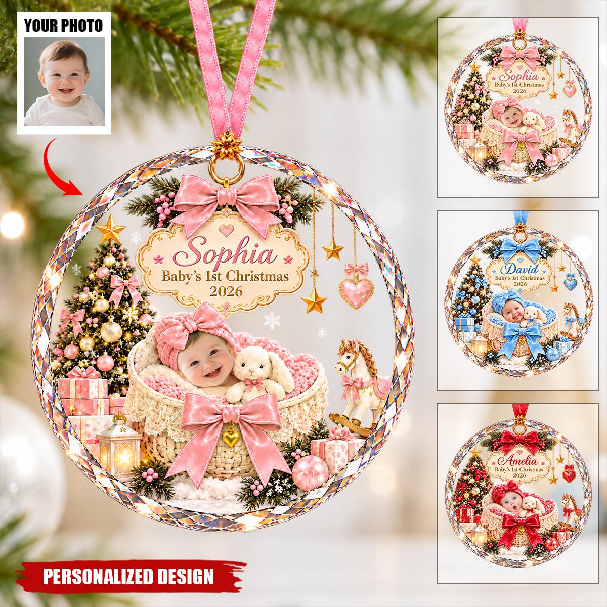 Personalized Baby's First Christmas Ornament, Sleeping Baby Girl Boy Keepsake