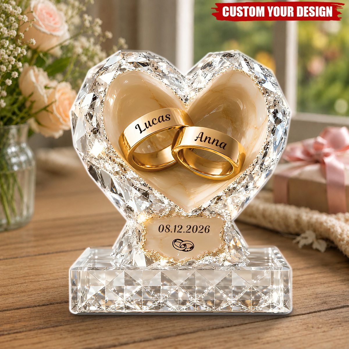 Personalized Heart Ring Couple Plaque, Gift For Engagement, Wedding, Anniversary