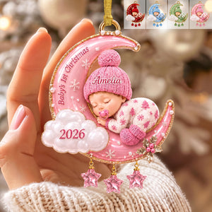 Personalized Baby’s First Christmas 3D Moon Acrylic Ornament, Newborn Gift