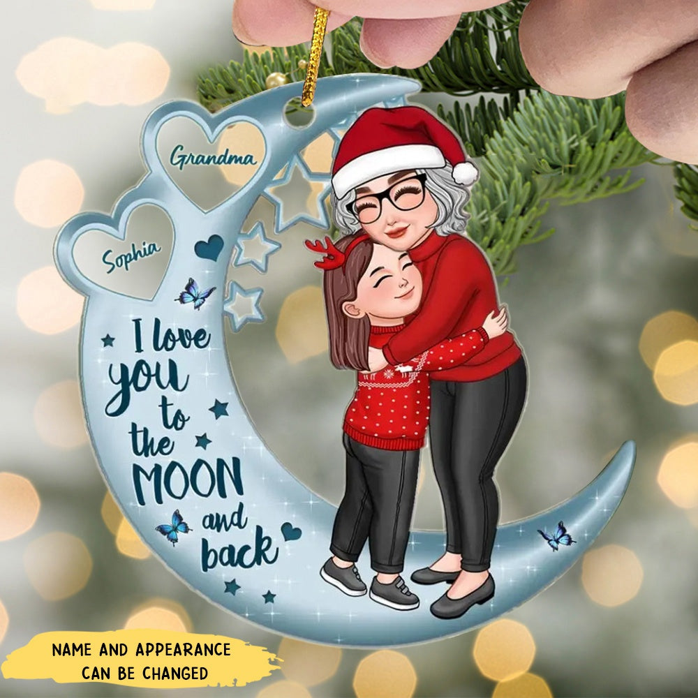 Grandma Hugging Grandson Granddaughter On Moon Hearts Personalized Acrylic Ornament