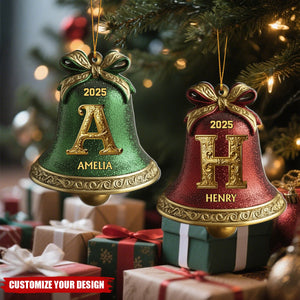 Custom Gold Bell Initial For Family, Merry Christmas - Personalized Ornament