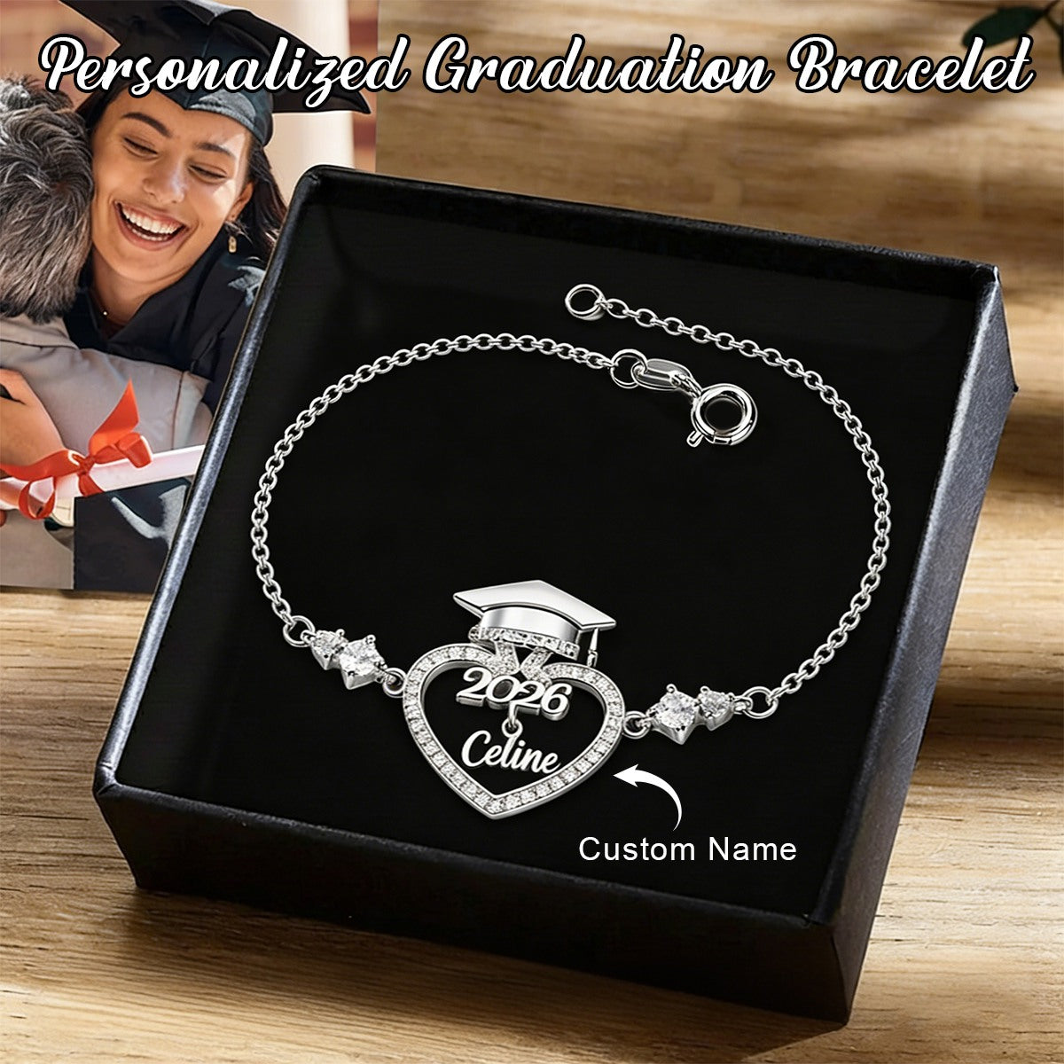 Personalized Dainty Bachelor Hat Heart Bracelet with Name 2026 Graduation Gift