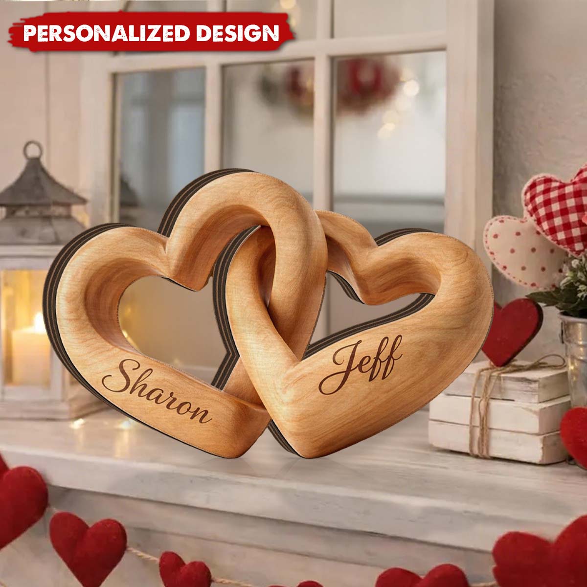 Personalized Interlocking Hearts Couple Wooden Plaque, Anniversary Gift