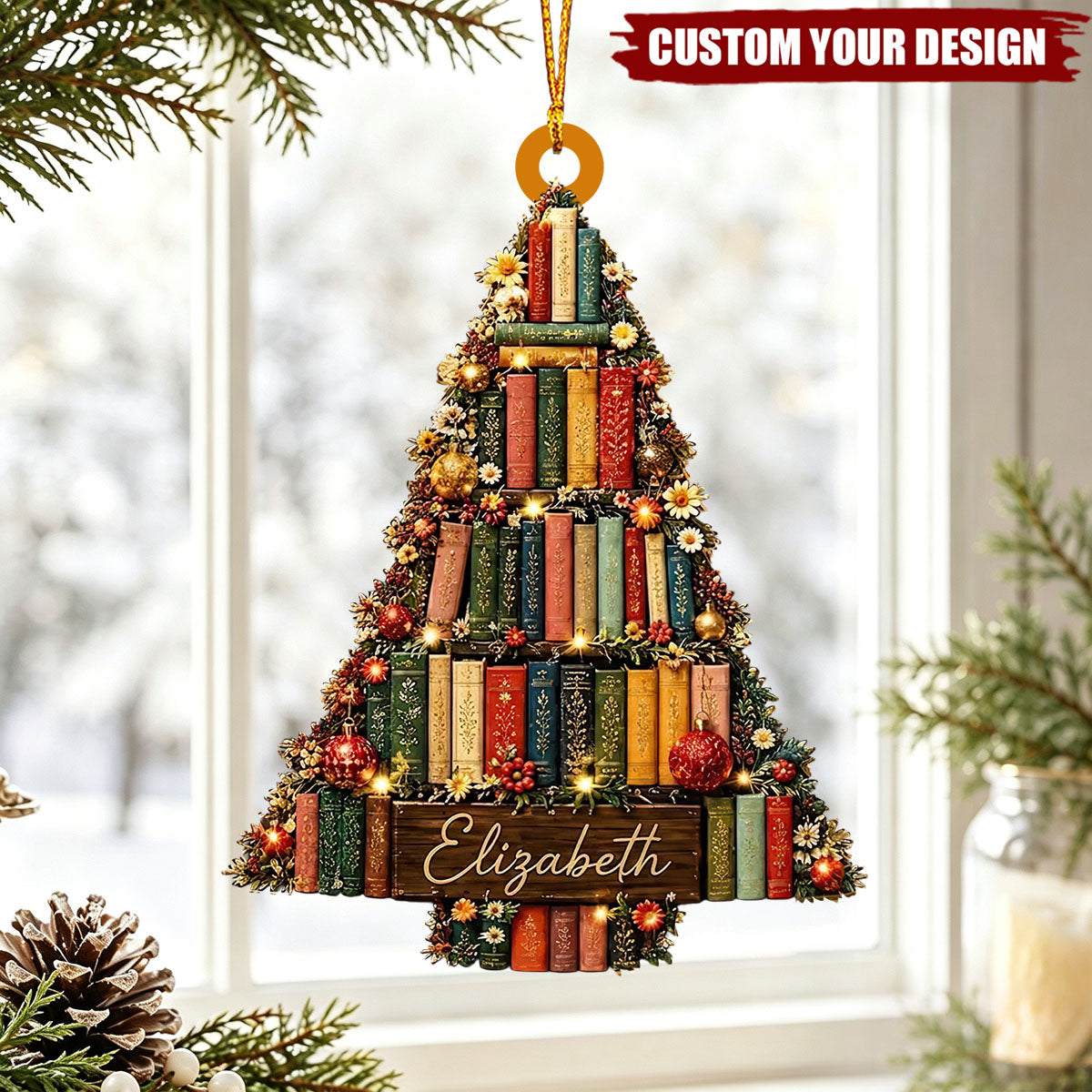 Personalized Book Tree Name Christmas Ornament, Gift For Bookish Bookworm