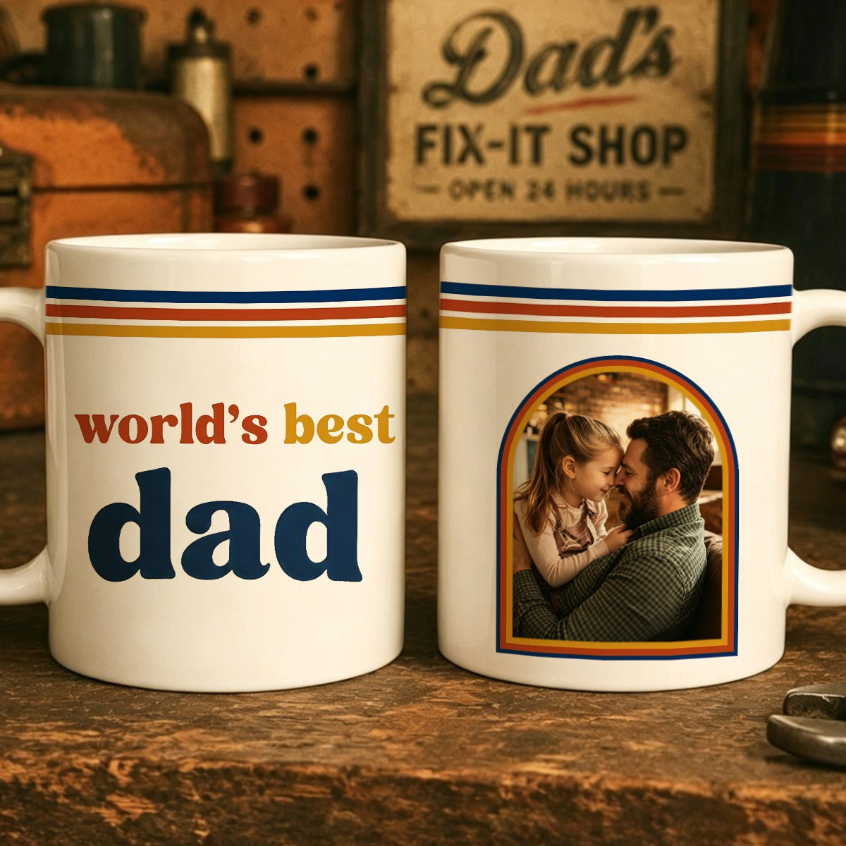 Custom World’s Best Dad Photo Mug, Retro 70s Father’s Day Gift