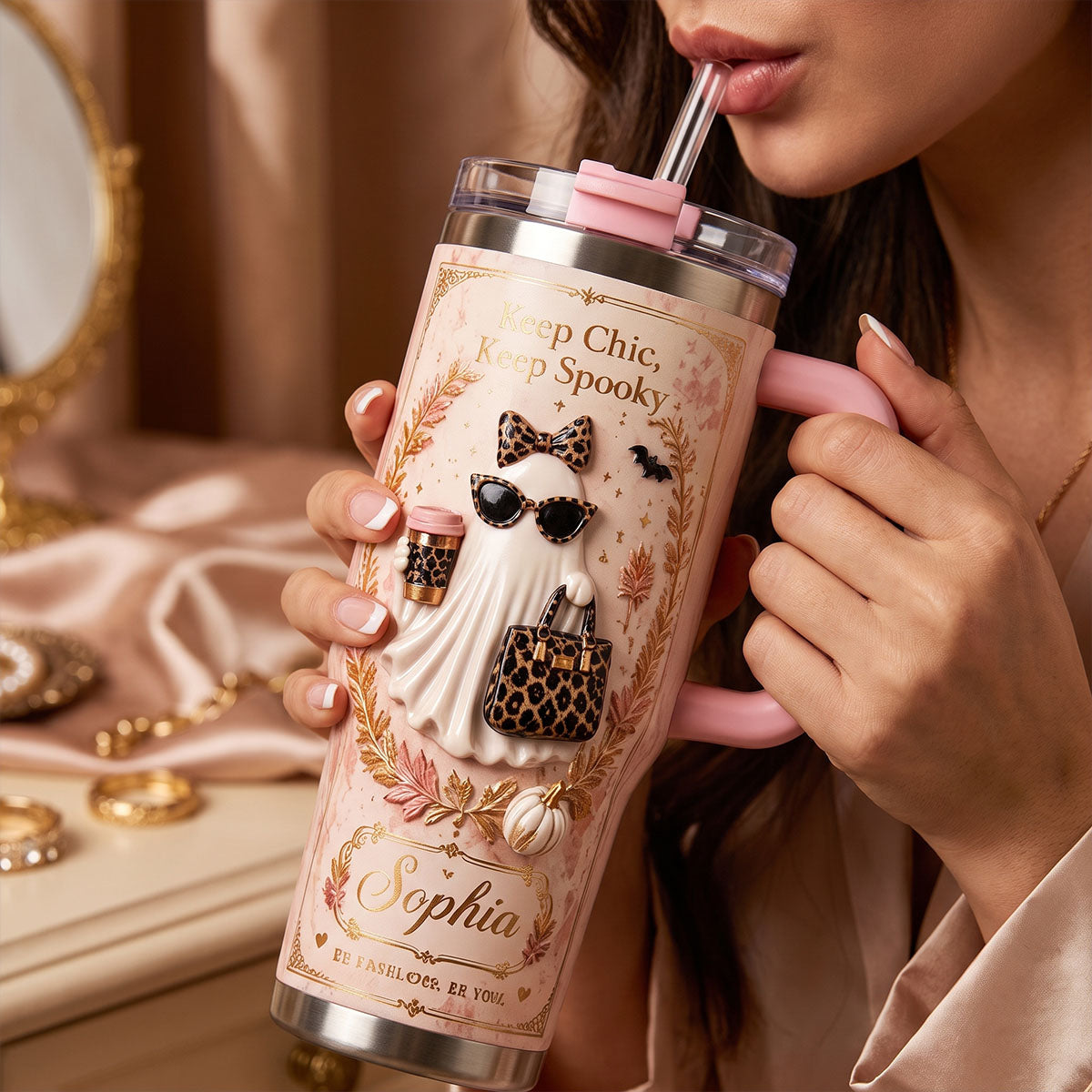 Personalized Vintage Halloween Ghost Insulated Tumbler With Handle, Custom Name Spooky Gift