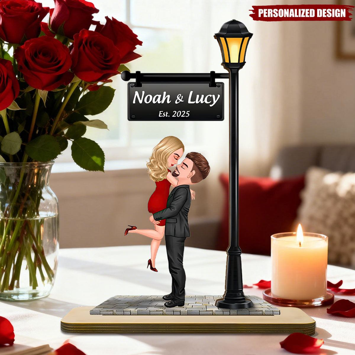 Couple Kissing Under Lamp Post Forever Love - Personalized Wooden Plaque