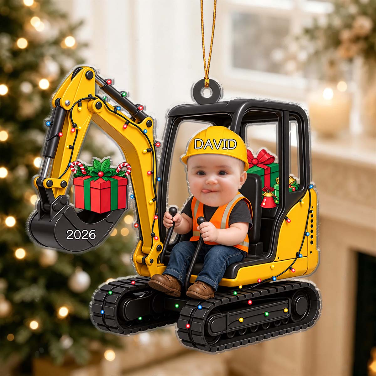 Personalized Baby Excavator Christmas Ornament, Custom Construction Vehicle Gift