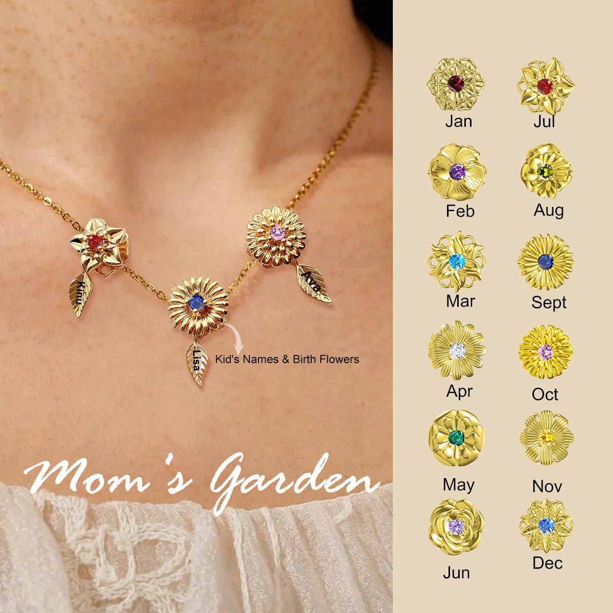 Personalized Custom Kid's Name Spinning Birth Flower Necklace, Gift For Mom Grandma