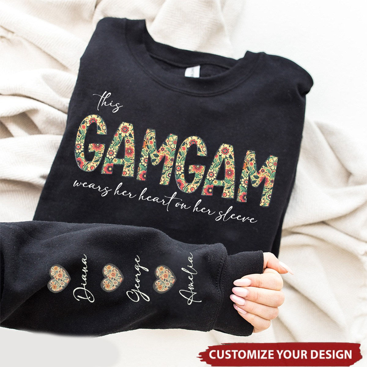 Personalized This Grandma Wears Her Heart On Her Sleeve Sweatshirt