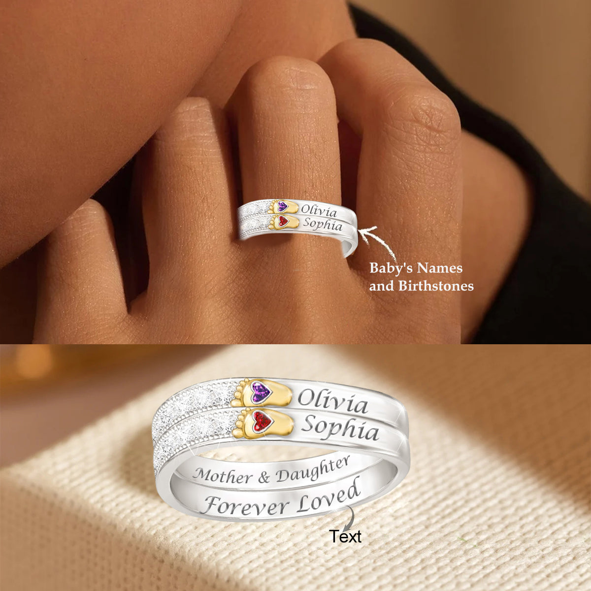 Personalized Family Birthstone Ring With Footprint-Gift For Mom