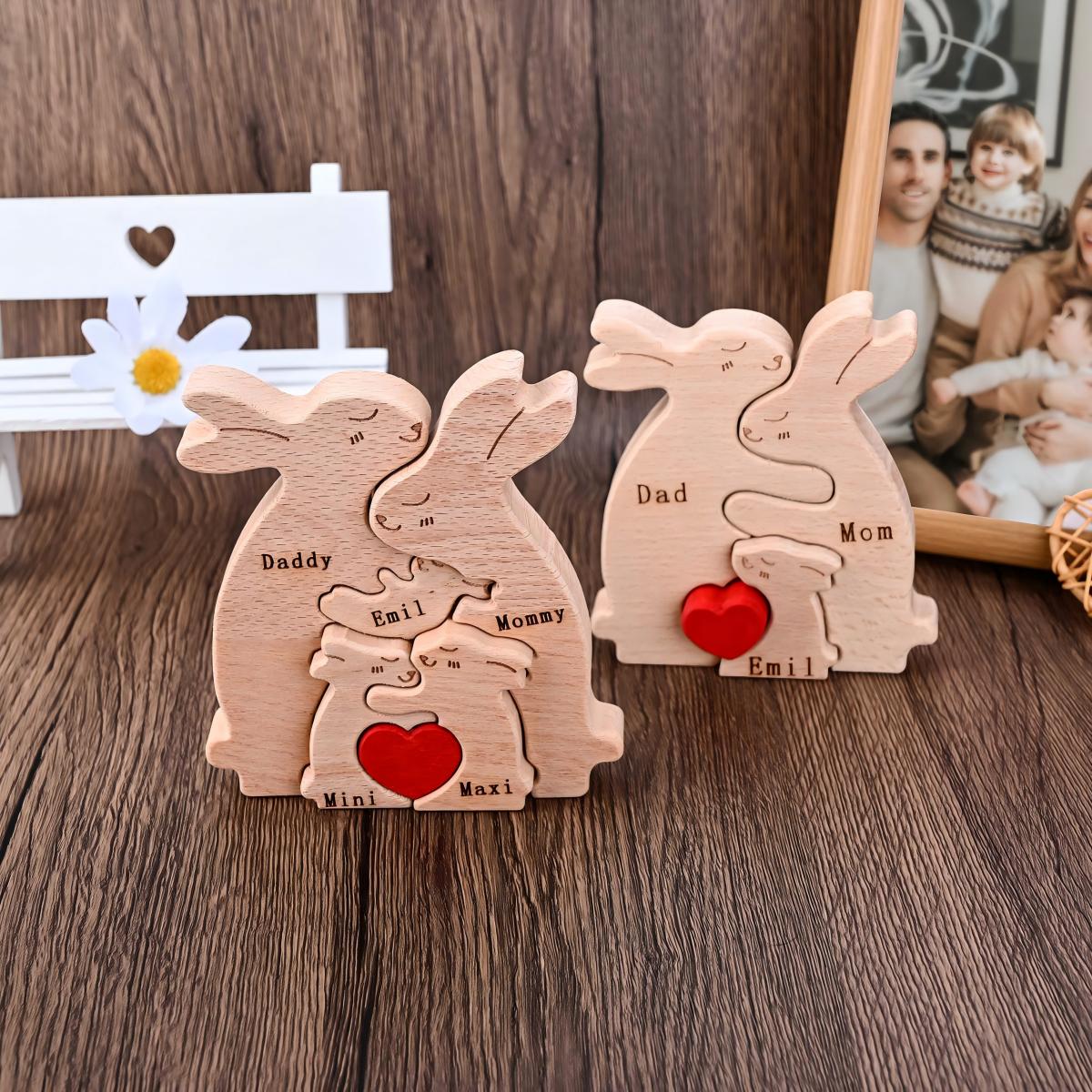 Custom Rabbit Family Wooden Puzzle - Anniversary Gift For Mom, Grandma, Couple