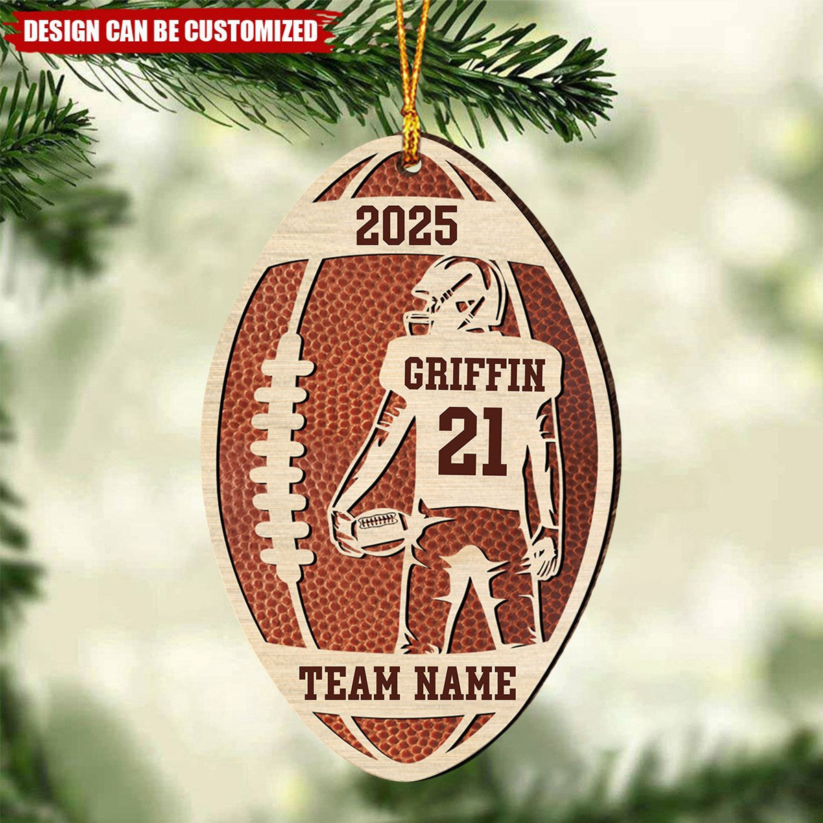 Personalized Football Player Wood Christmas Ornament