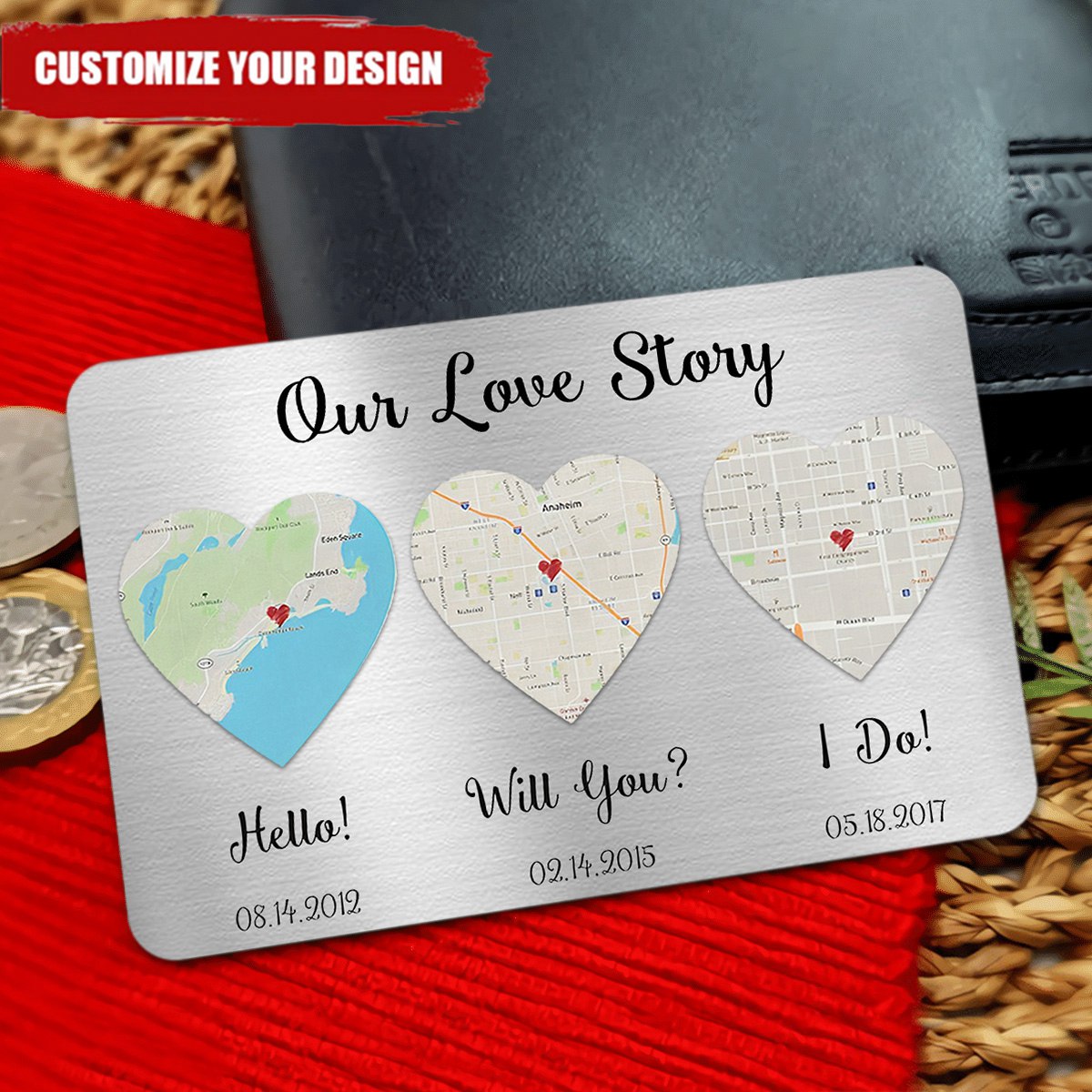 Our Love Story - Personalized Map Aluminum Wallet Card