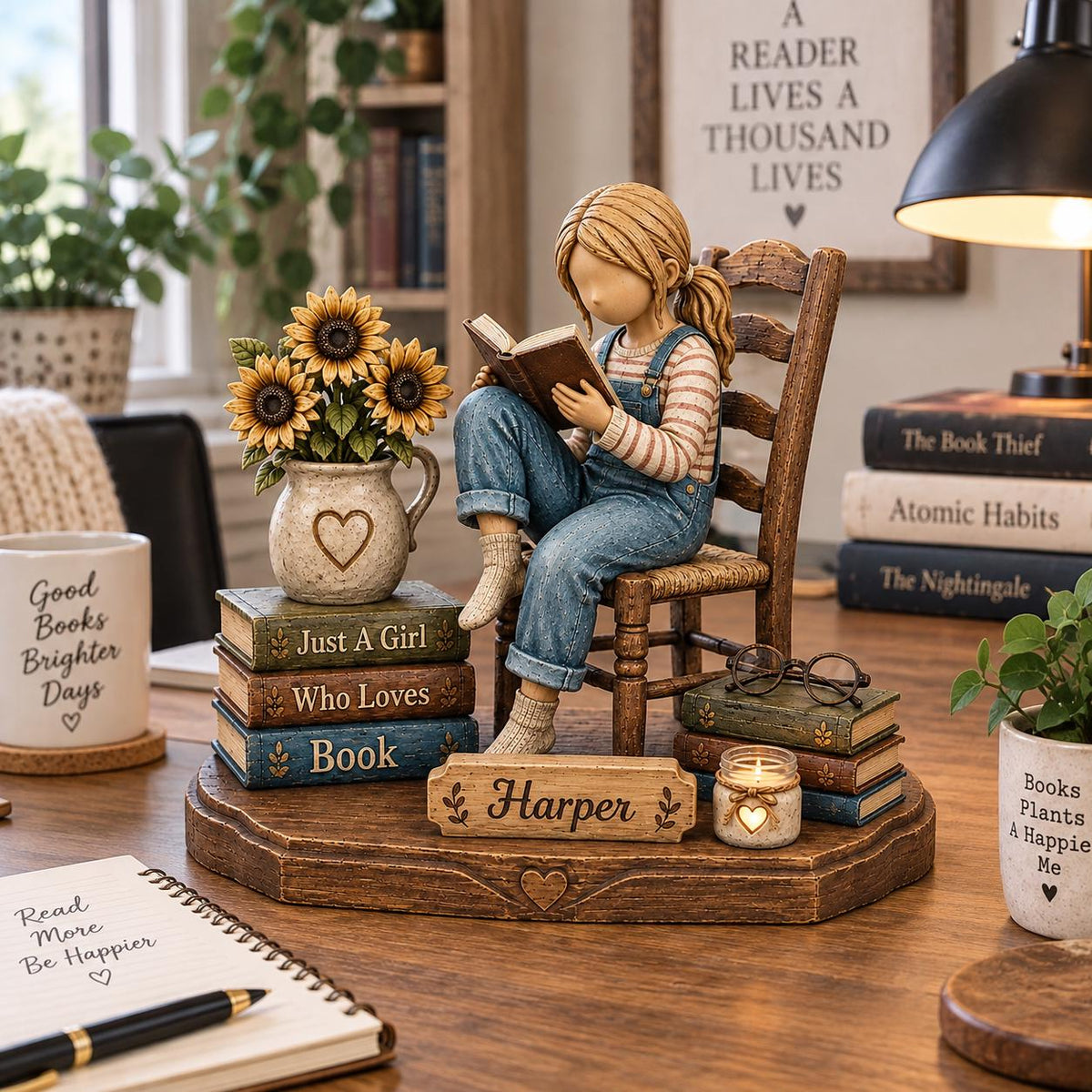 Personalized Book Lover Wooden Block, Custom Name Reading Girl Decor