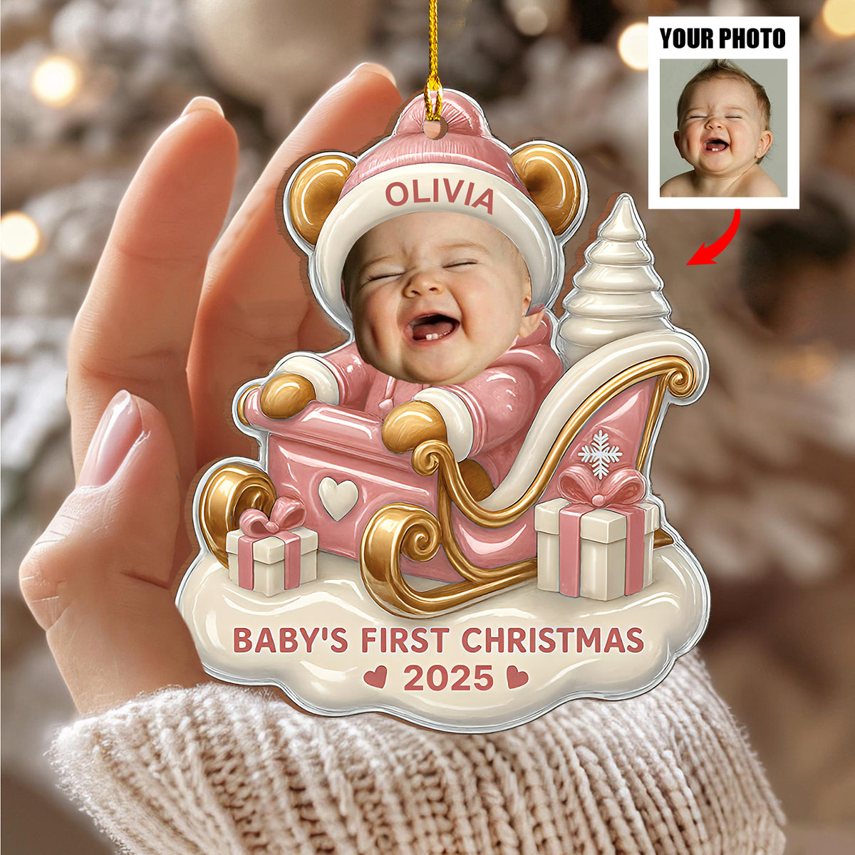 Baby's First Christmas Teddy Bear On Sleigh, Custom Wood Ornament