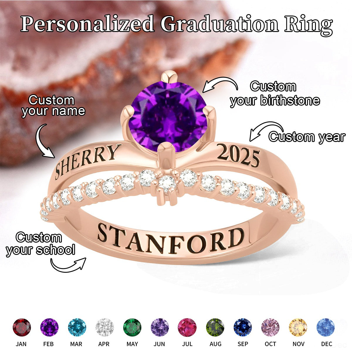 Personalized Birthstone Ring with Engraved Name Year and Text Dainty Jewelry Birthday Graduation