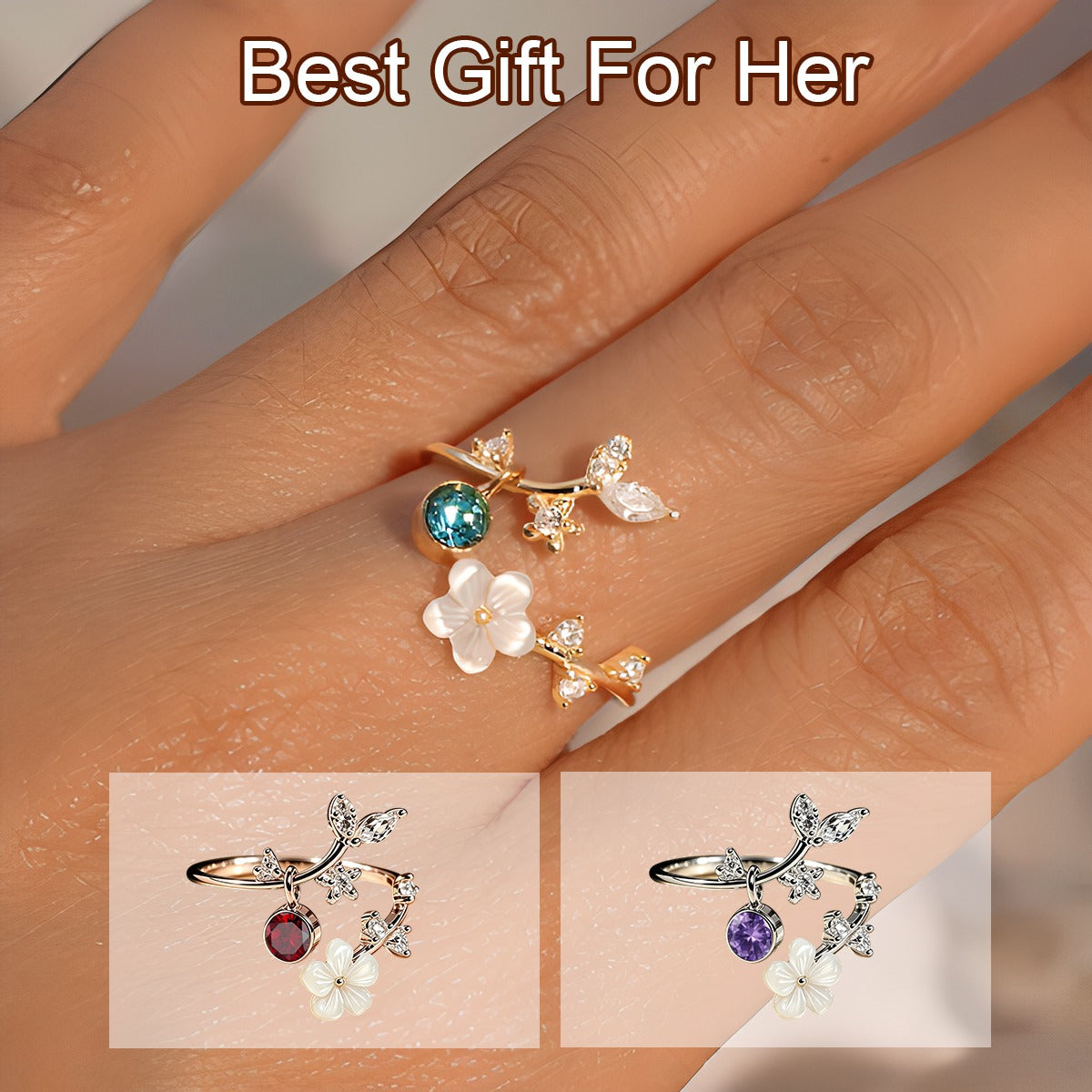 Birth Flower Ring, Mother Of Pearl Sakura Rings, Adjustable Delicate Personalized Birthstone Gift