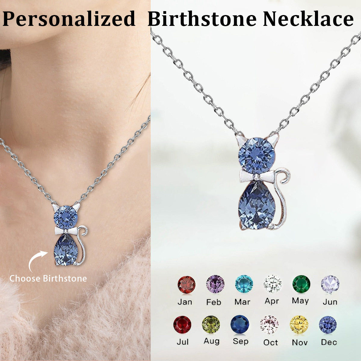 Personalized Birthstone Kitten Necklace For Women, Jewelry for Cat Lovers, Grandma Gift