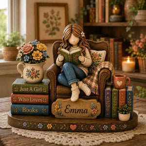 Just A Girl Who Loves Books Wooden Block, Personalized Girl Reading Book Plaque