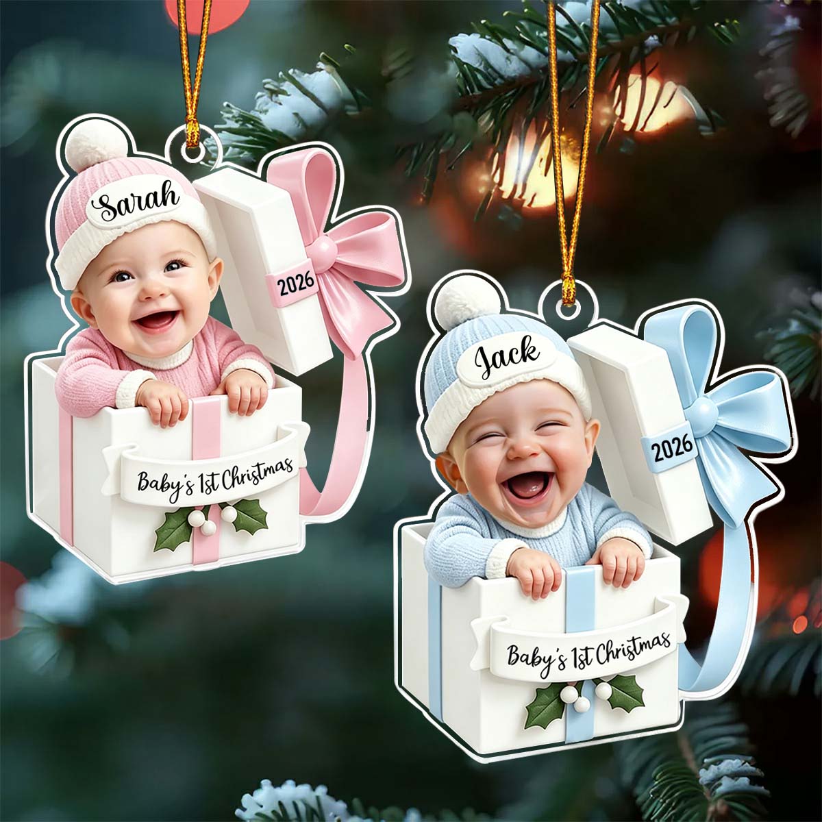 Personalized Baby in Gift Box Ornament, Baby's First Christmas Gift-Upload Photo