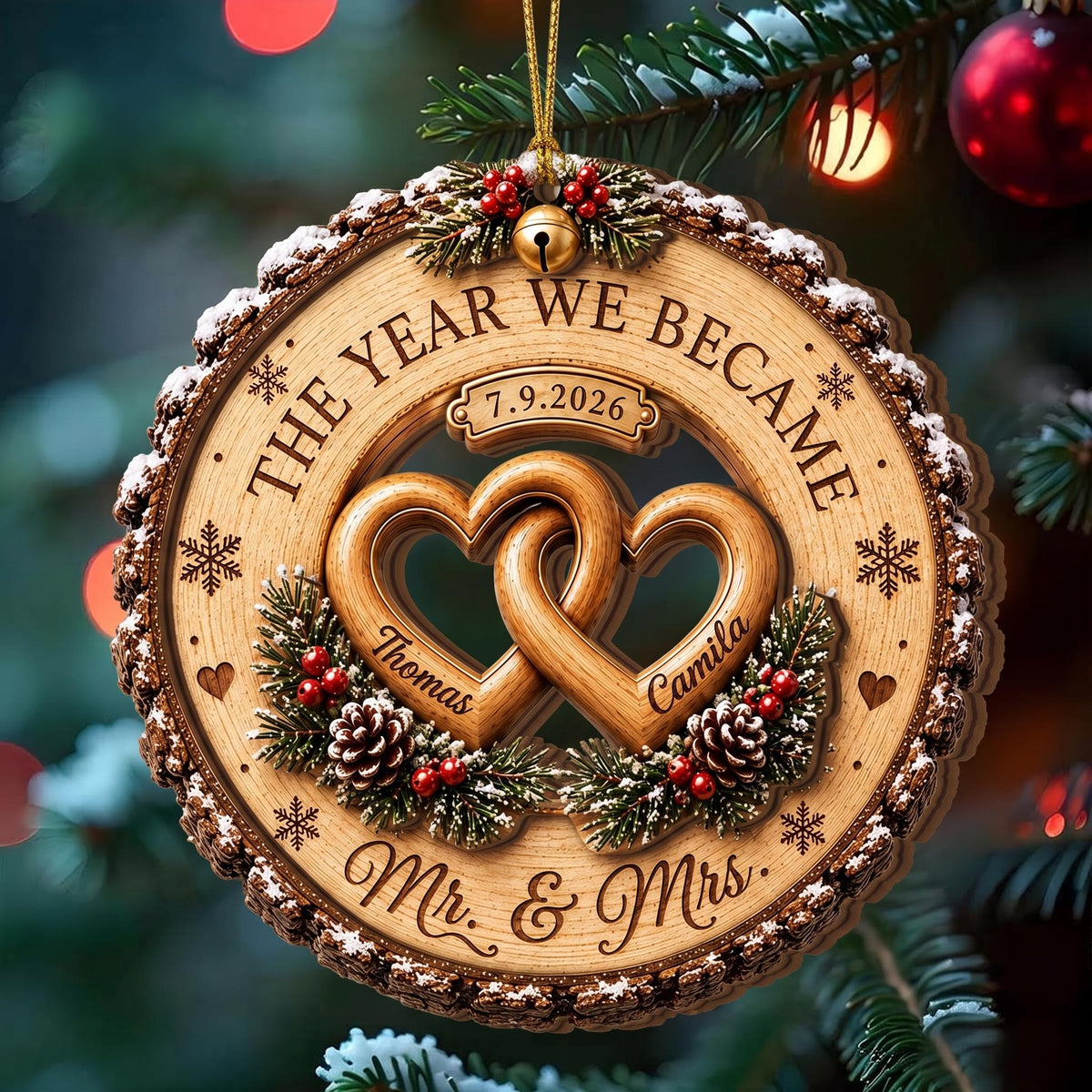 Personalized Newlywed Christmas Gift Wooden Ornament