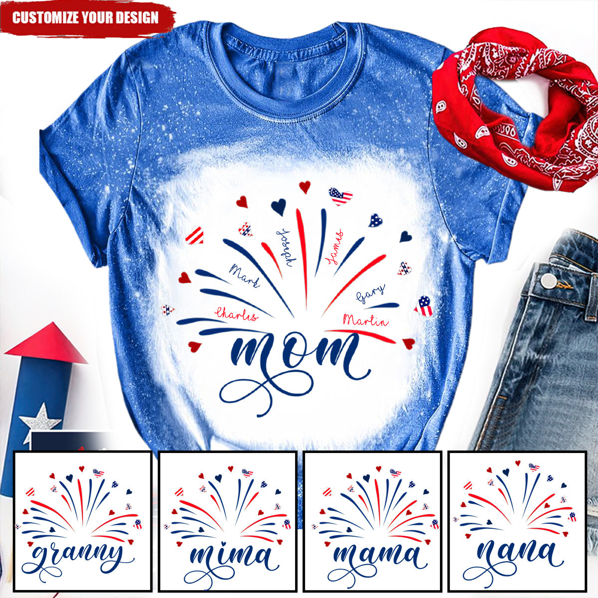 Firework America Flag Grandma And Kids Personalized 3D T-shirt