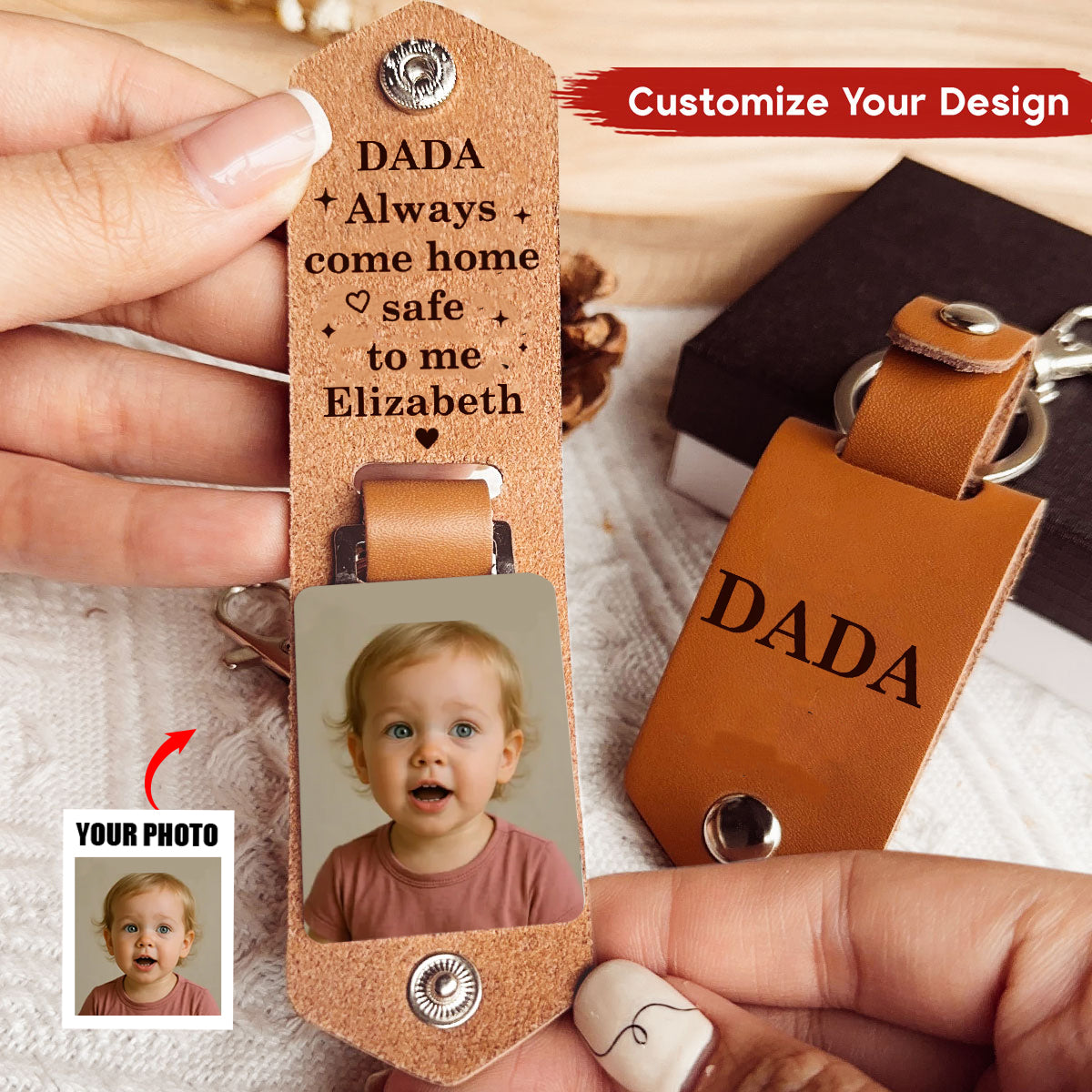 Custom Photo Drive Safe - Family Personalized Engraved Leather Keychain - Father's Day