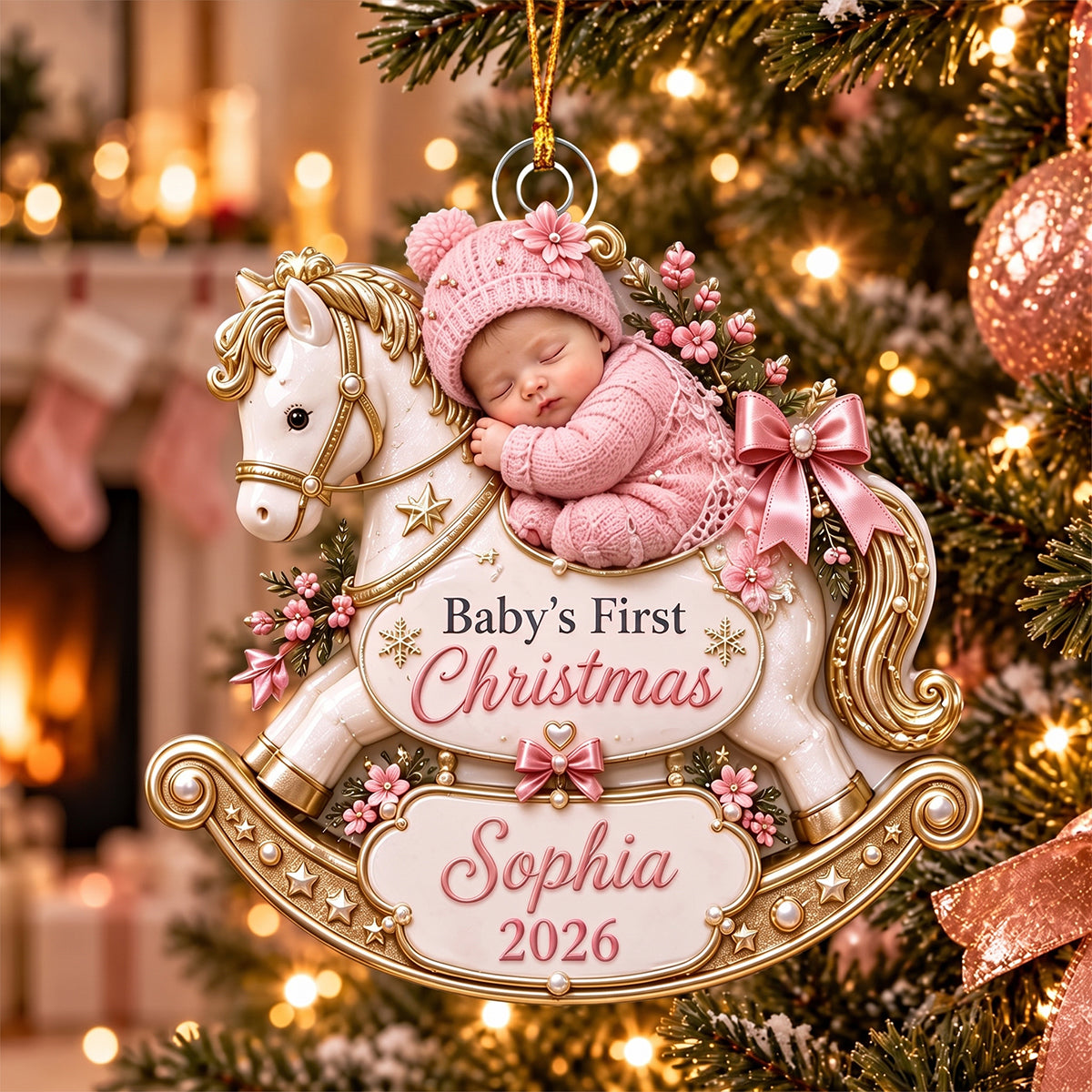 Personalized Baby’s First Christmas Ornament, Rocking Horse Keepsake, Newborn Christmas Gift