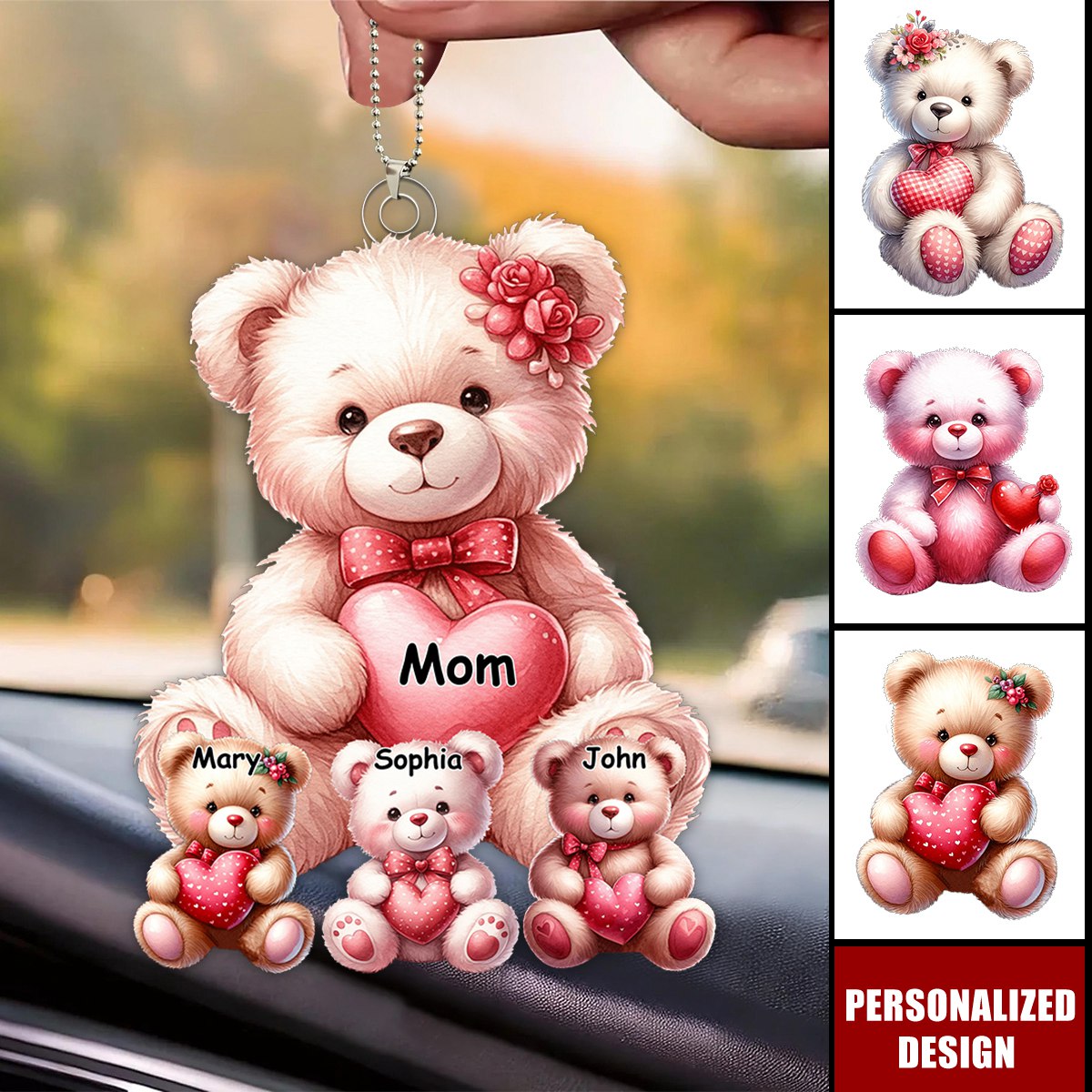 Personalized Teddy Bear Acrylic Car Ornament, Custom Name Family Gifts