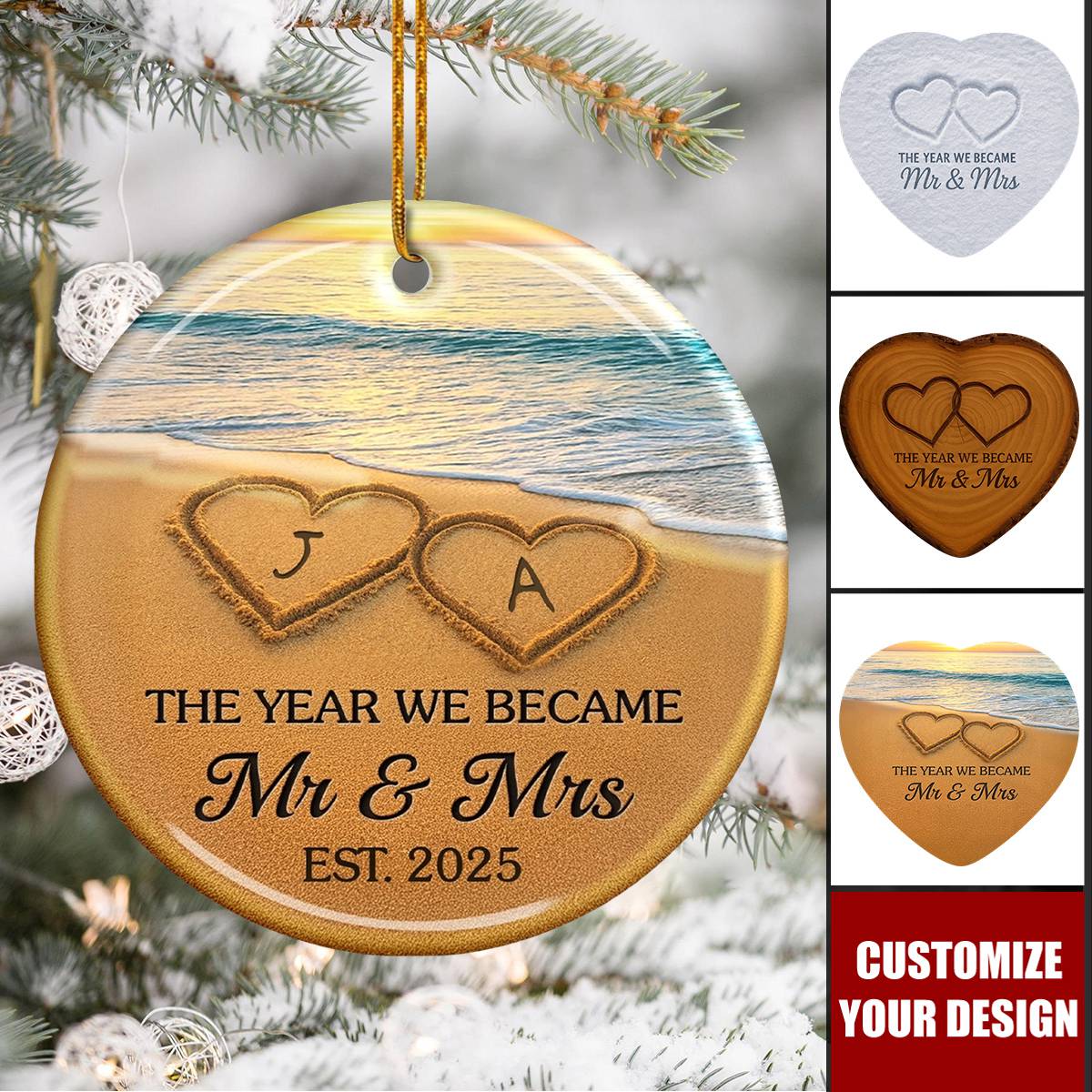 Our Happily Ever After, Set In Sand - Personalized Anniversary Christmas Wedding Ornament