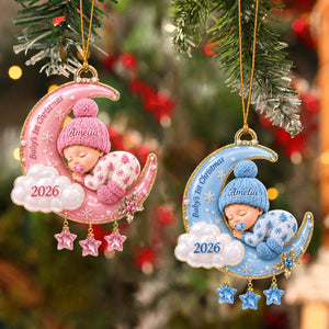 Personalized Baby’s First Christmas 3D Moon Acrylic Ornament, Newborn Gift