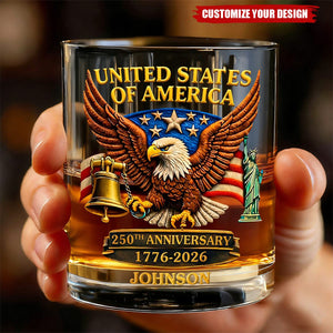 Custom United States 250th Anniversary Whiskey Glass,American Eagle Bell Patriotic Gift