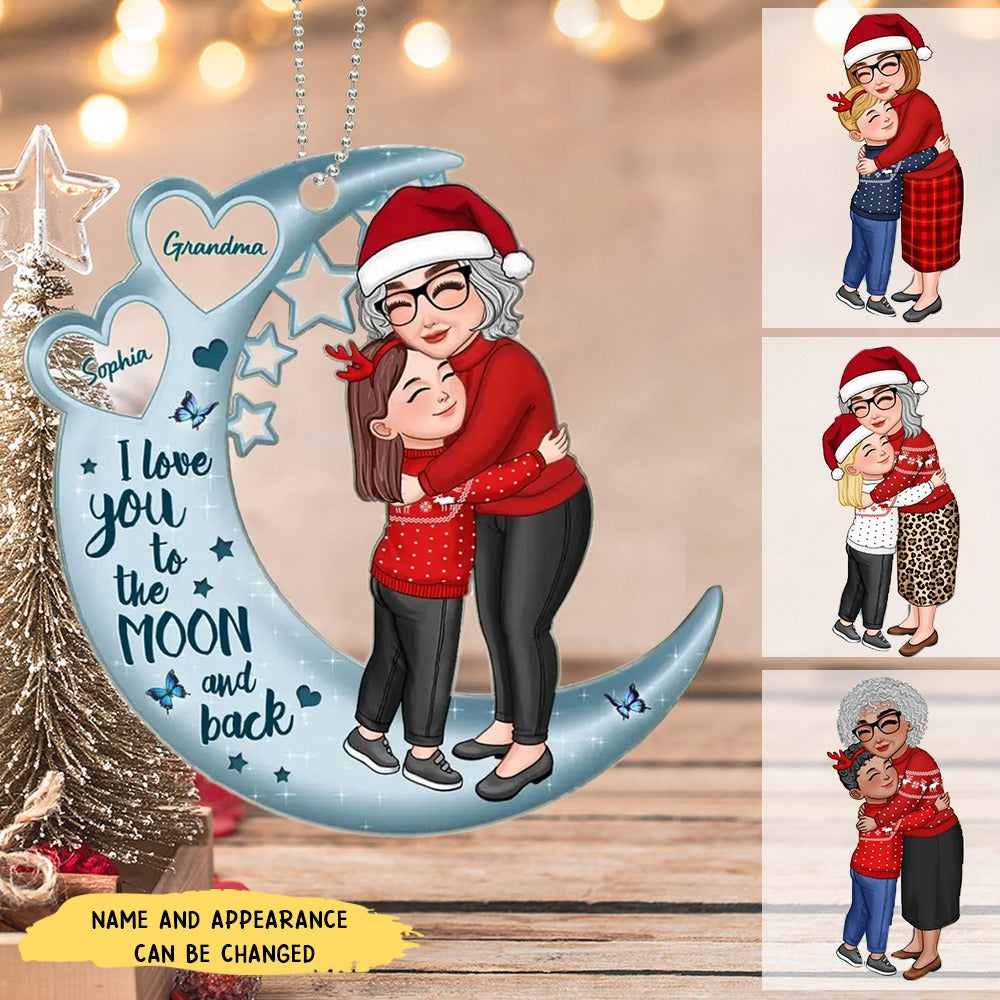 Grandma Hugging Grandson Granddaughter On Moon Hearts Personalized Acrylic Ornament