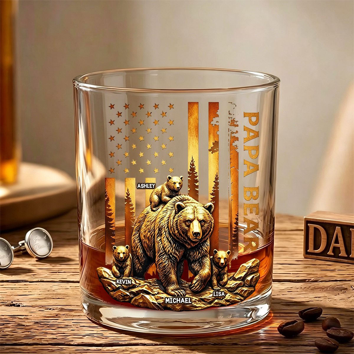 Papa Bear Round Glass - Personalized Gifts For Dad