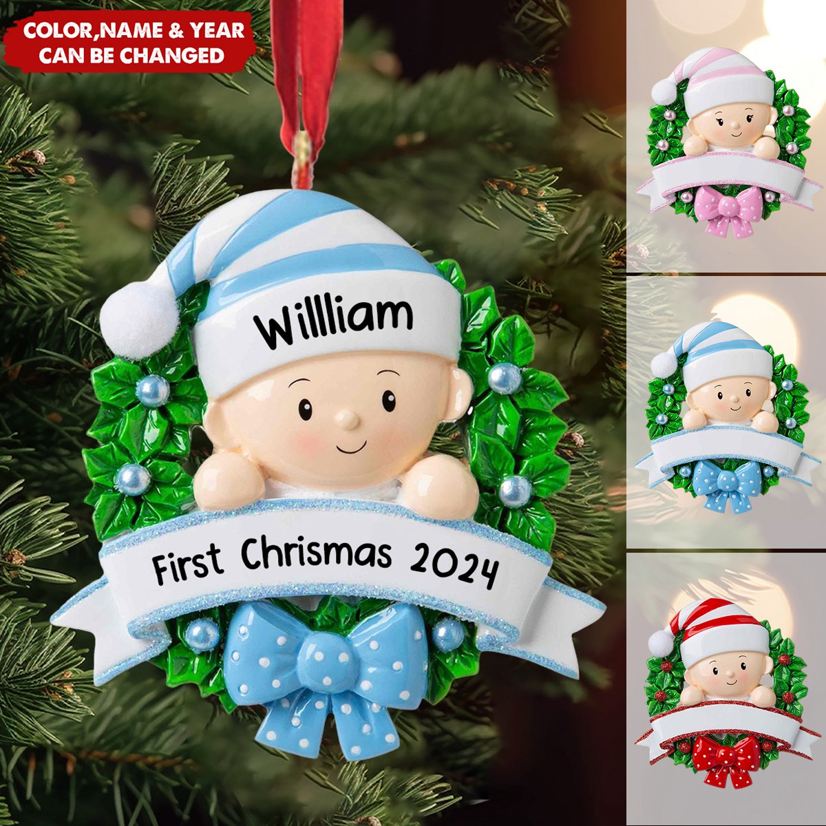 Personalized Christmas Wreath Baby's First Christmas Acrylic Ornament