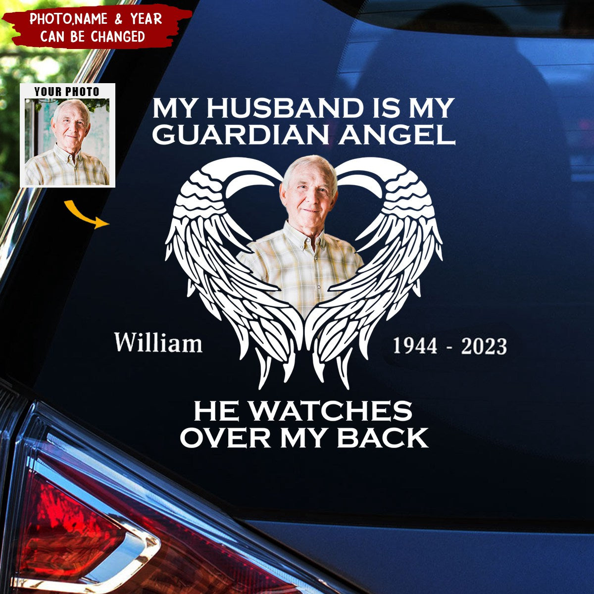 Memorial Upload Photo Heart Wings, My Guardian Angel Personalized Sticker Decal