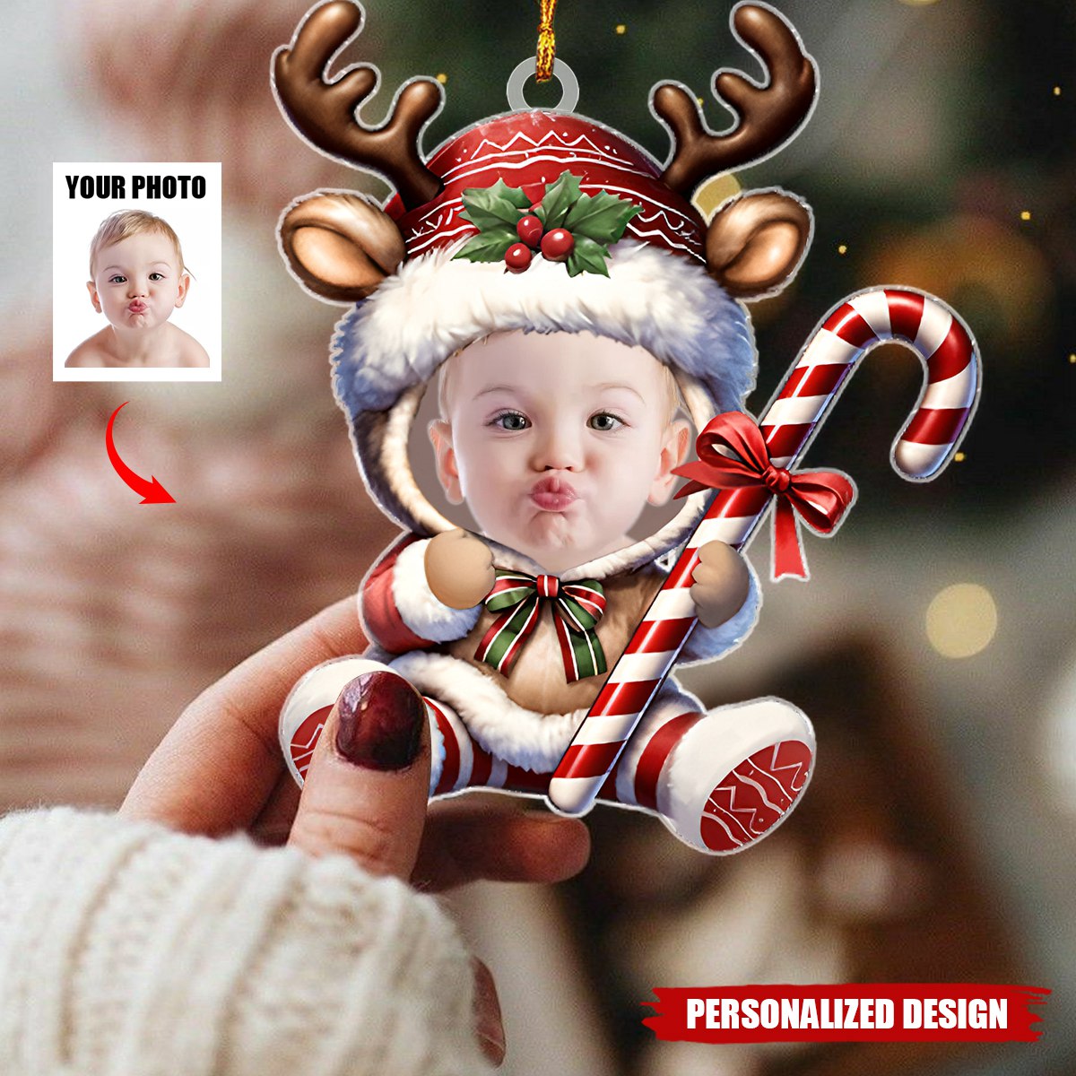 Baby Deer Snowman Bear-Personalized Customized Acrylic Ornament-Upload Photo