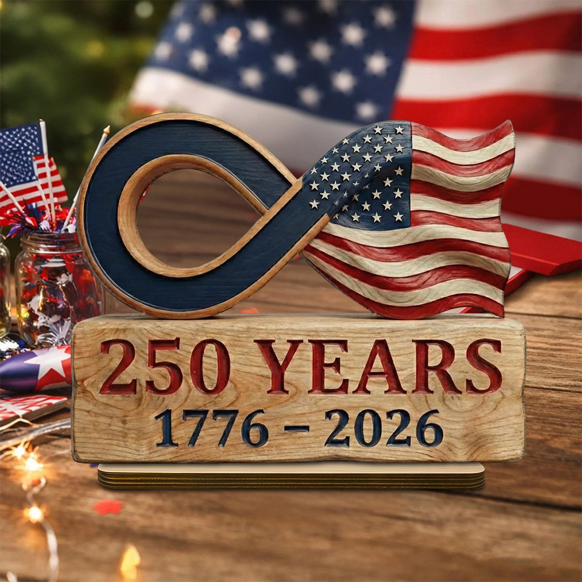 America 250 Years Wooden Plaque, Patriotic Infinity Flag Tabletop Decor